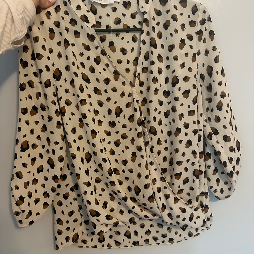 All in Favor Cream Wrap Blouse with 3/4 Sleeves and Mandarin Collar